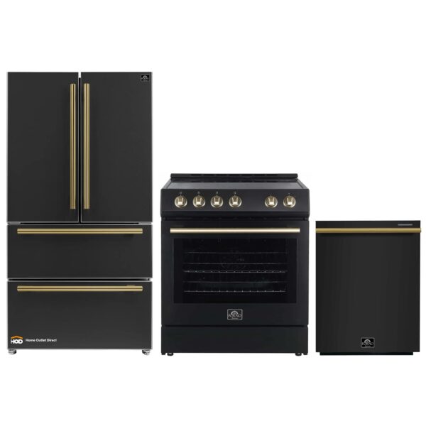 Pookied Espresso 3-Piece Appliance Package - 30-Inch Electric Range, Refrigerator and Dishwasher in Black with Antique Brass Trim