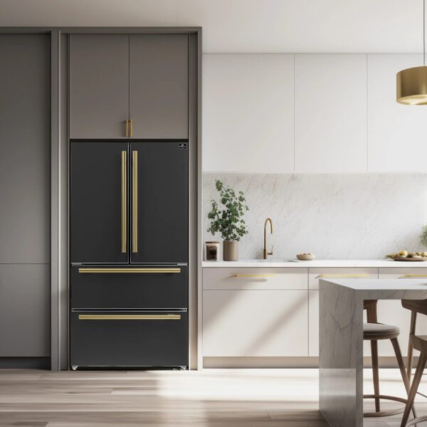 Pookied Espresso 3-Piece Appliance Package - 30-Inch Electric Range, Refrigerator and Dishwasher in Black with Antique Brass Trim - Image 14