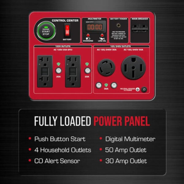 13000-Watt Push Button Start Dual Fuel Gas and Propane Powered Portable Generator with CO Shutdown Sensor 50Amp Outlet - Image 5