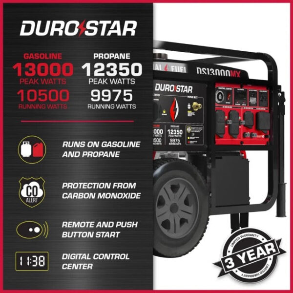 13000-Watt Push Button Start Dual Fuel Gas and Propane Powered Portable Generator with CO Shutdown Sensor 50Amp Outlet - Image 2